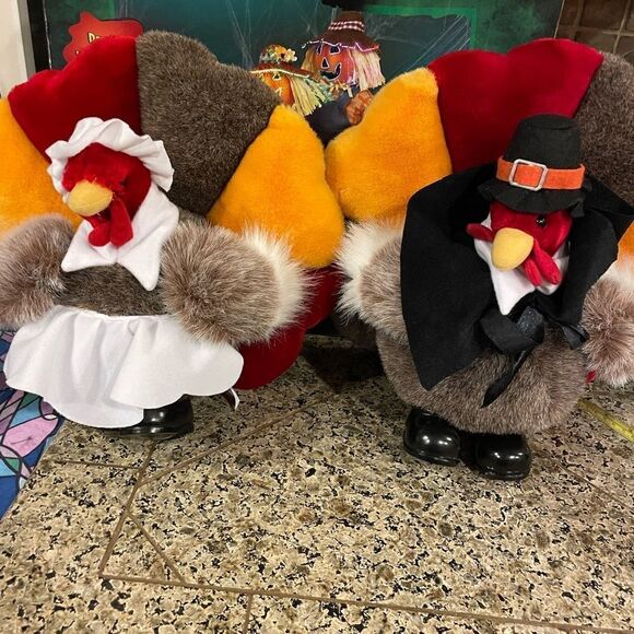People Pals Vintage Plush Turkey Set Girl and Boy Thanksgiving Decorations - Picture 3 of 16